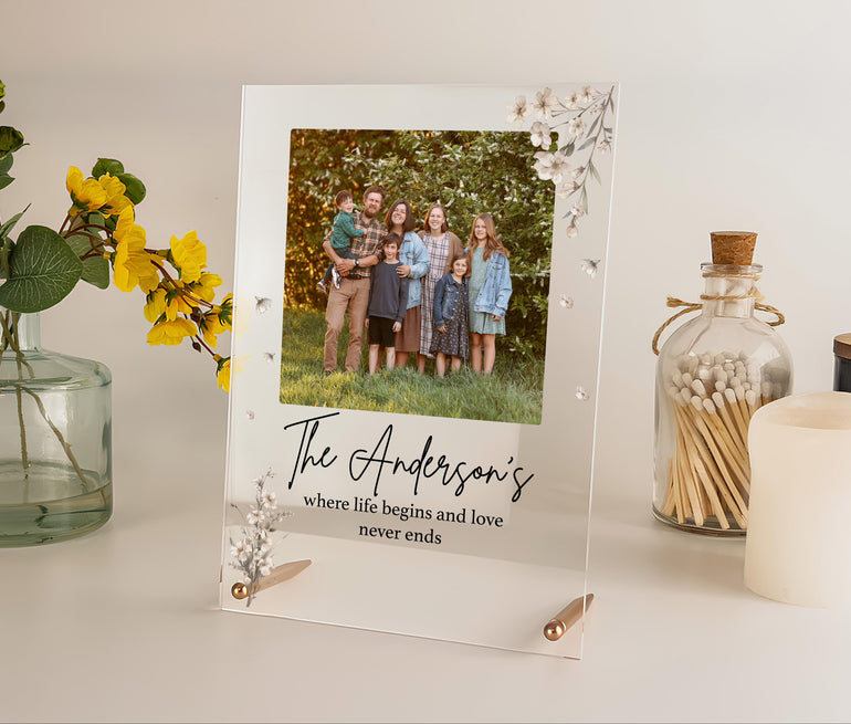 Personalised family photo acrylic plaque with metal rod stand