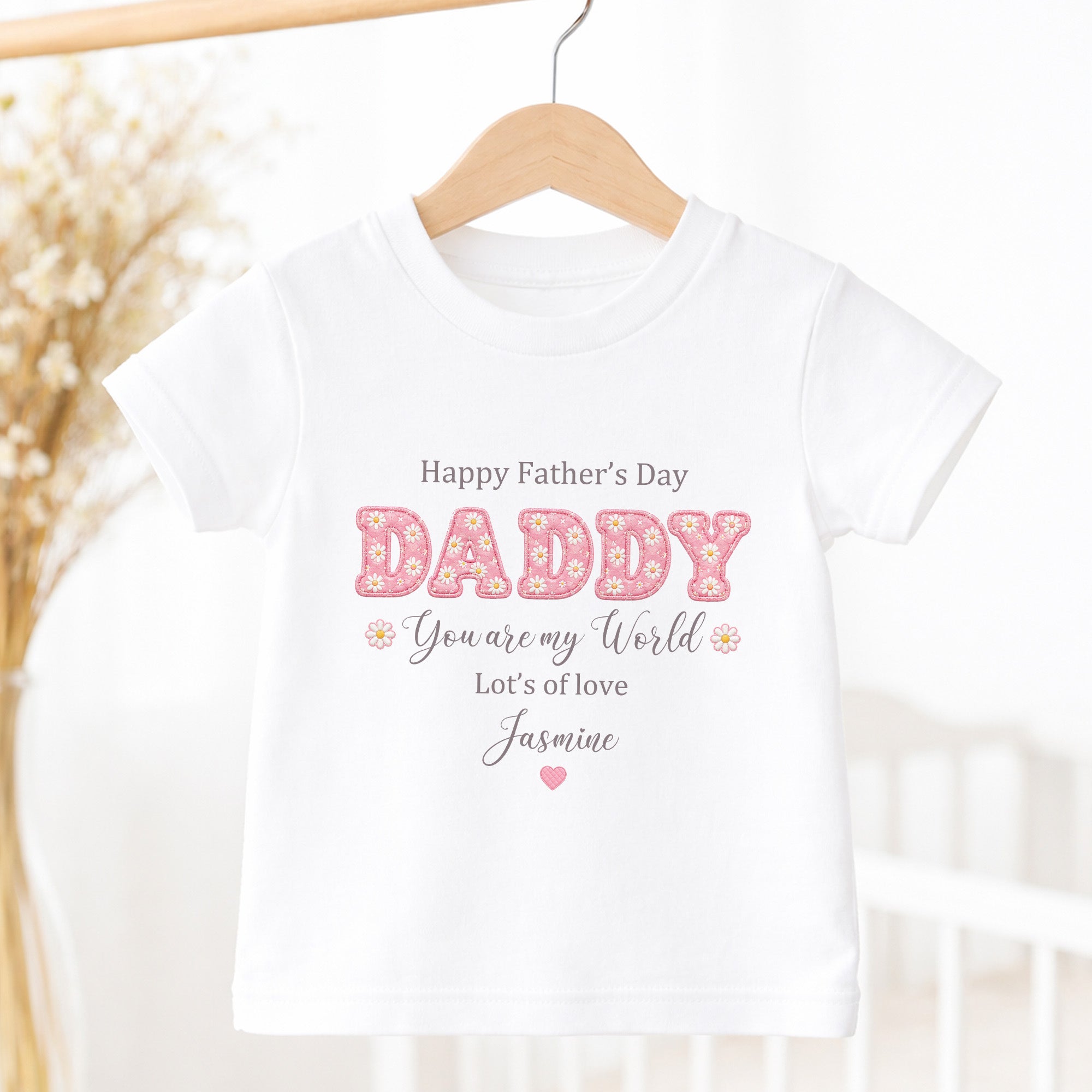 White kids T-shirt with Happy Father’s Day Daisy Daddy design and child name Jasmine.