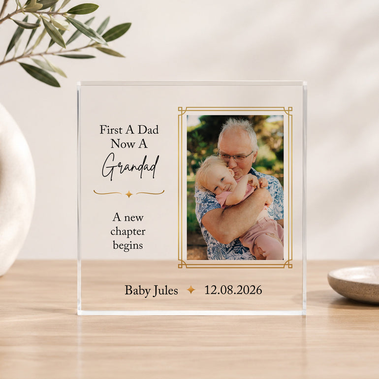 Personalised new Grandad acrylic photo block with Grandad and baby photograph, baby's name and date