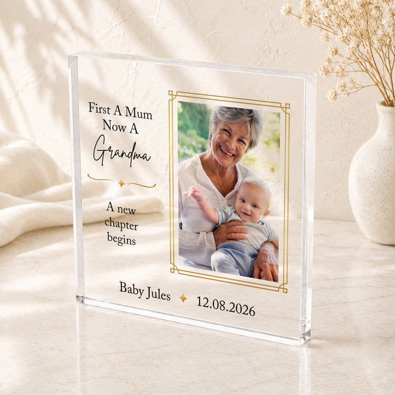 Personalised new Grandma acrylic photo block featuring Grandma and baby photograph with baby's name and special date
