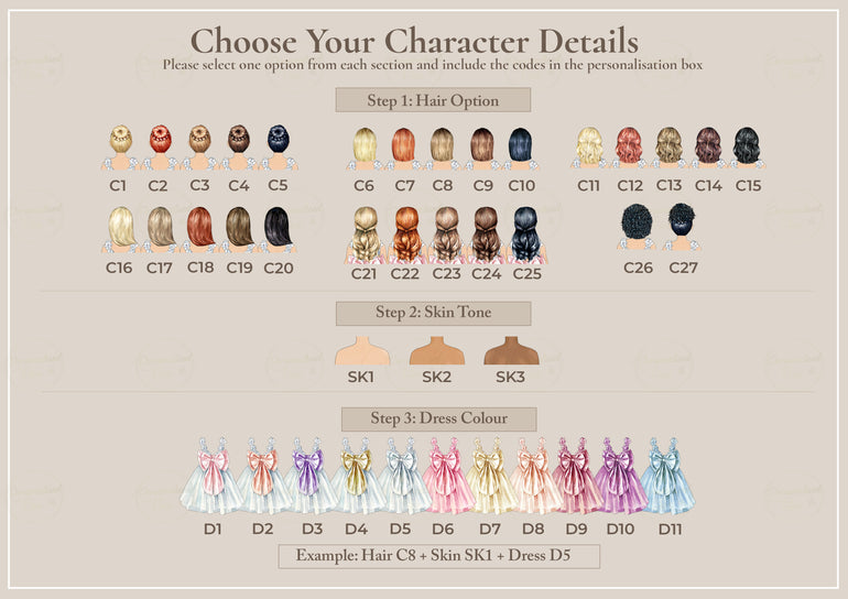 Flower girl bunny plush toy character options showing hair styles, skin tones and dress colours