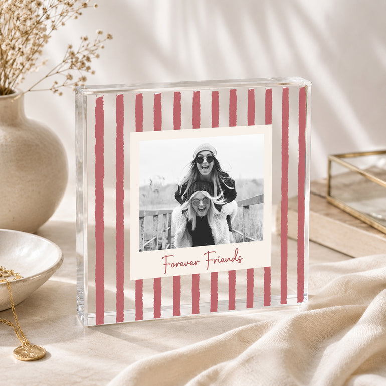 Personalised best friend photo block with red hand-painted stripes, friendship photograph and Forever Friends wording.