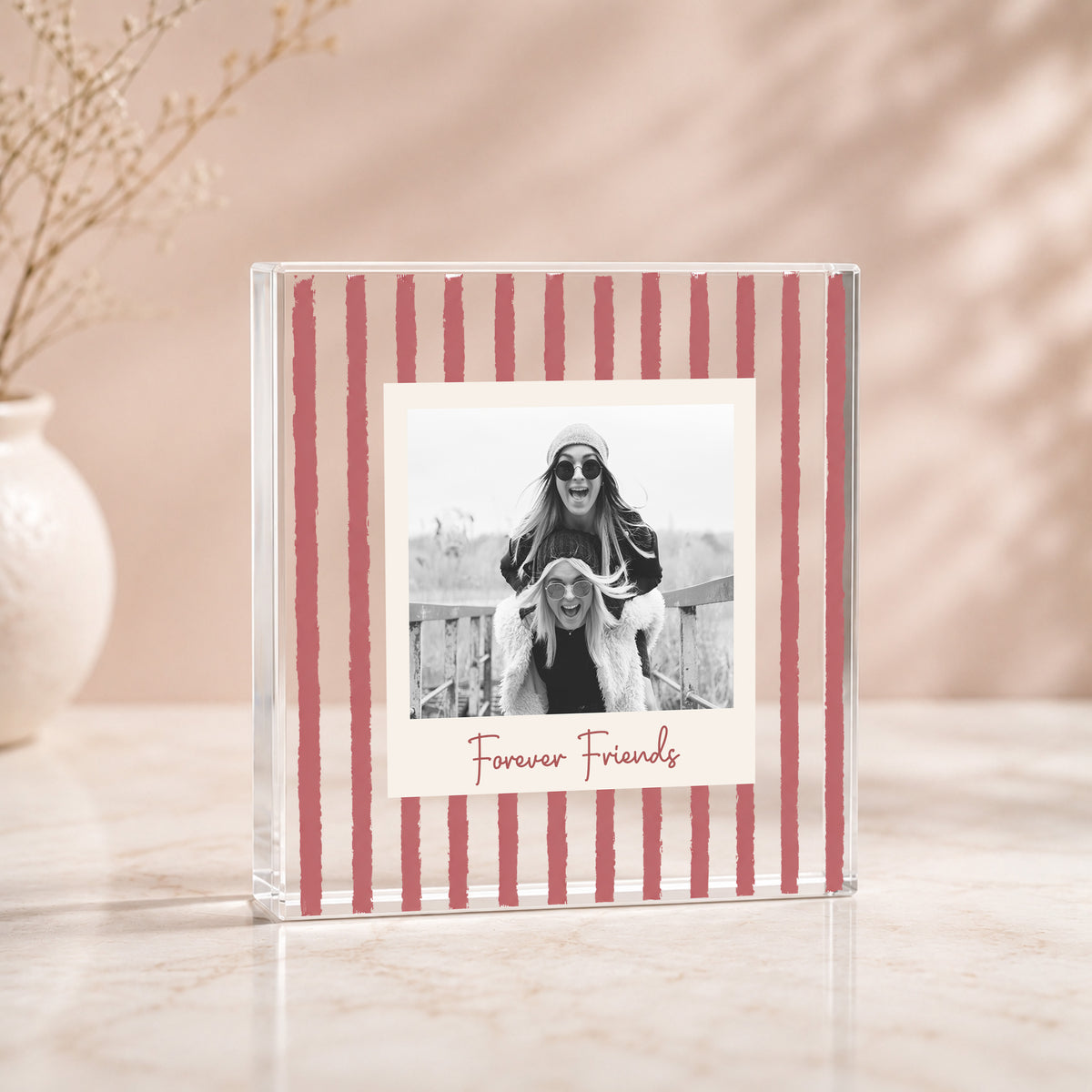 Red striped personalised Forever Friends acrylic photo block with black-and-white friendship photo and custom wording.