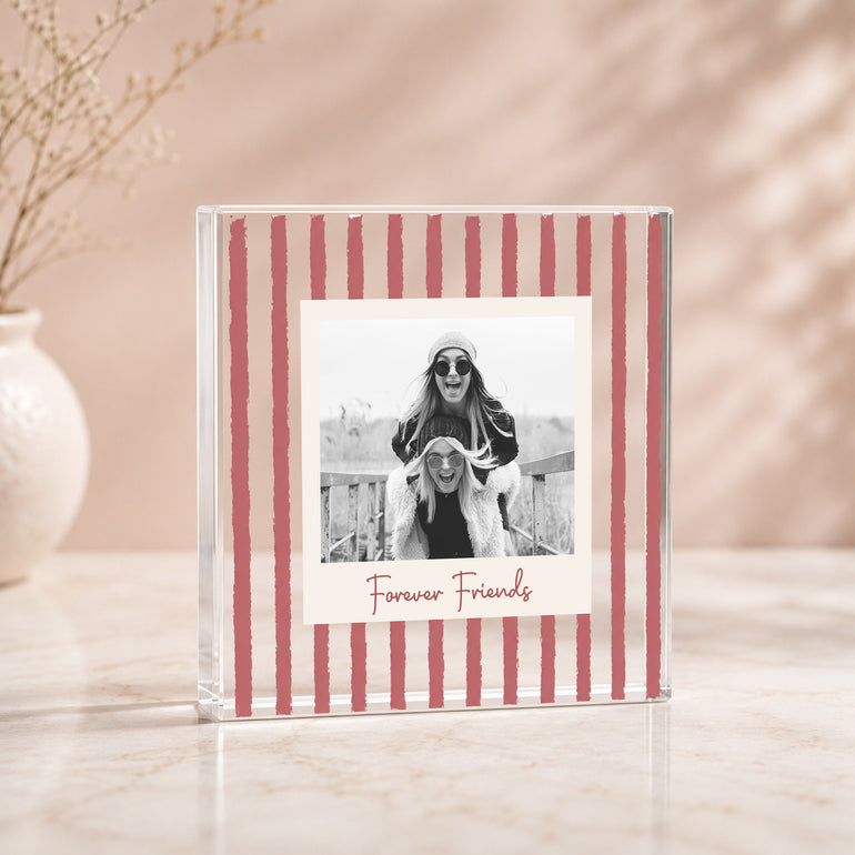 Red striped personalised Forever Friends acrylic photo block with black-and-white friendship photo and custom wording.