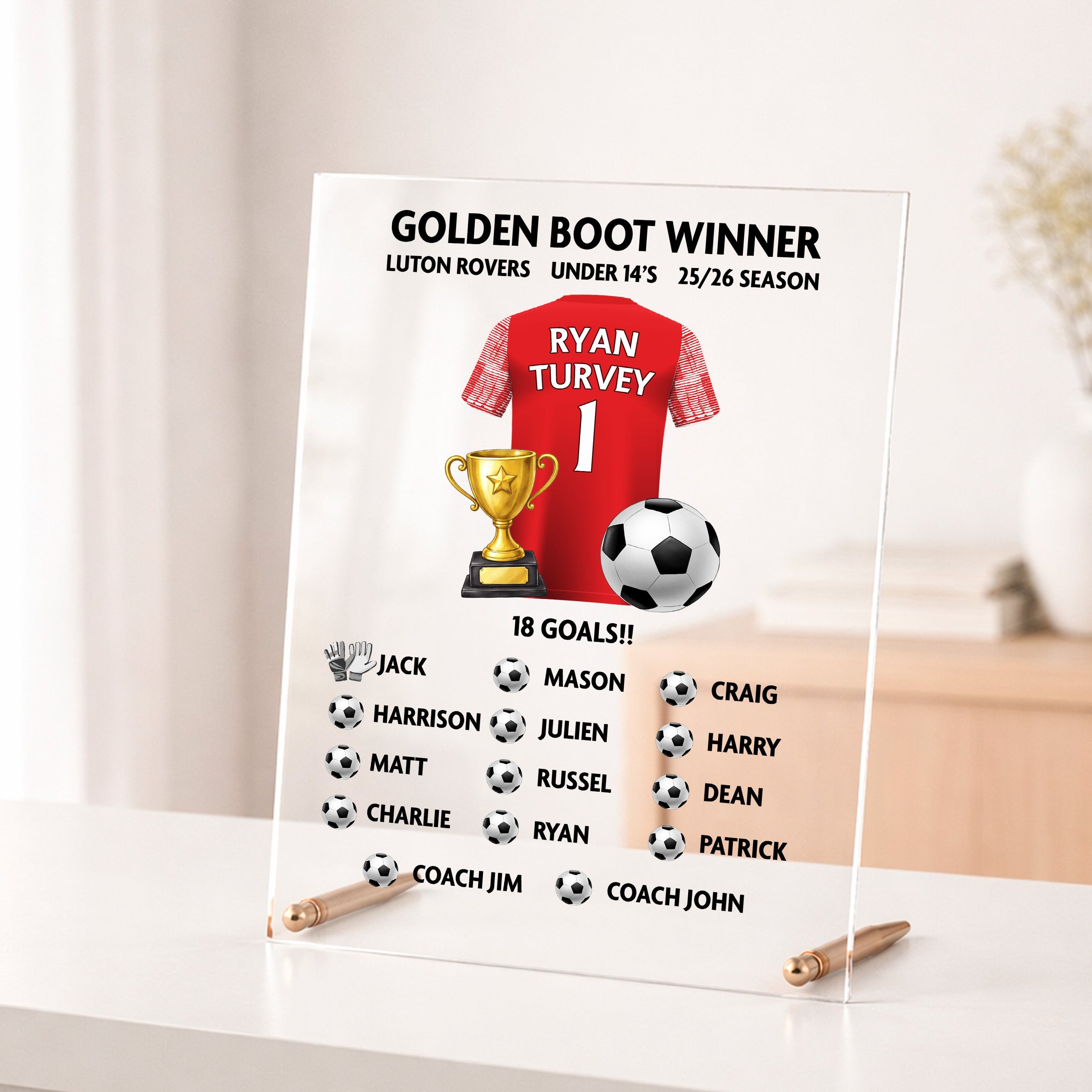 Personalised Golden Boot Winner acrylic award with player name, shirt design, goal total and team names.