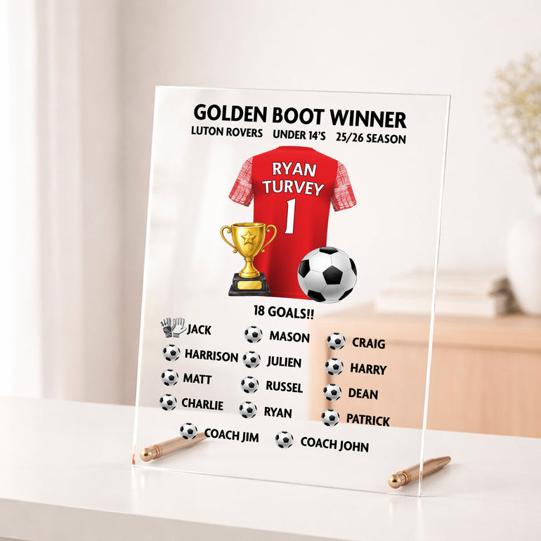 Personalised Golden Boot Winner acrylic award with player name, shirt design, goal total and team names.