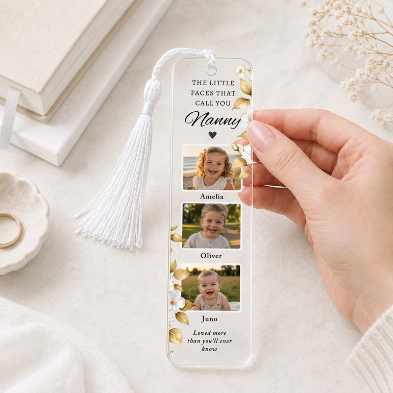 Personalised Nanny photo bookmark featuring three grandchildren photos and names, white and gold flowers and white tassel.