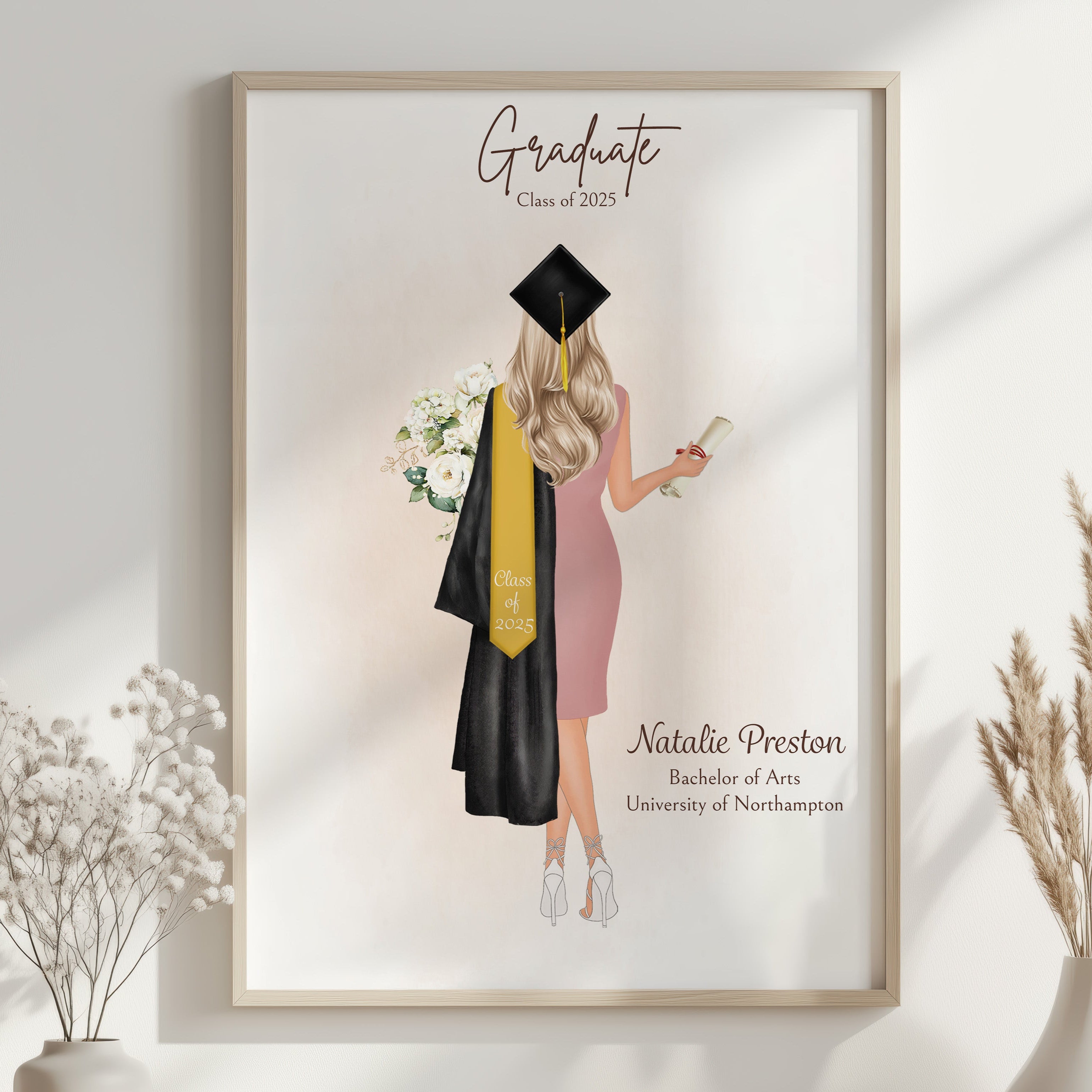 Personalised graduation print gift with floral frame, graduate holding scroll and flowers, poem, and custom name and date for her special day.