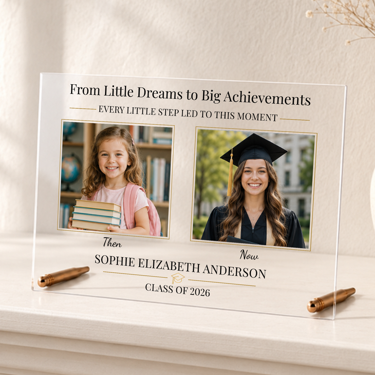 Personalised then and now graduation photo plaque with childhood photo, graduate photo, name and Class of 2026 wording