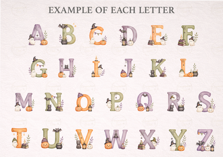 Halloween alphabet design options from A to Z with watercolour pumpkins, ghosts, bats, cats and autumn decorations.