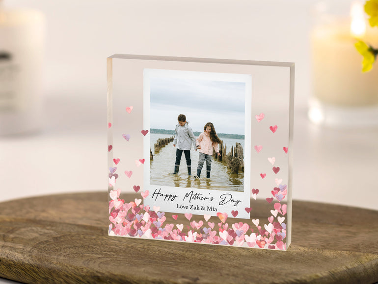 Personalised Mother’s Day photo acrylic block with hearts gift for mum from daughter son children freestanding clear acrylic
