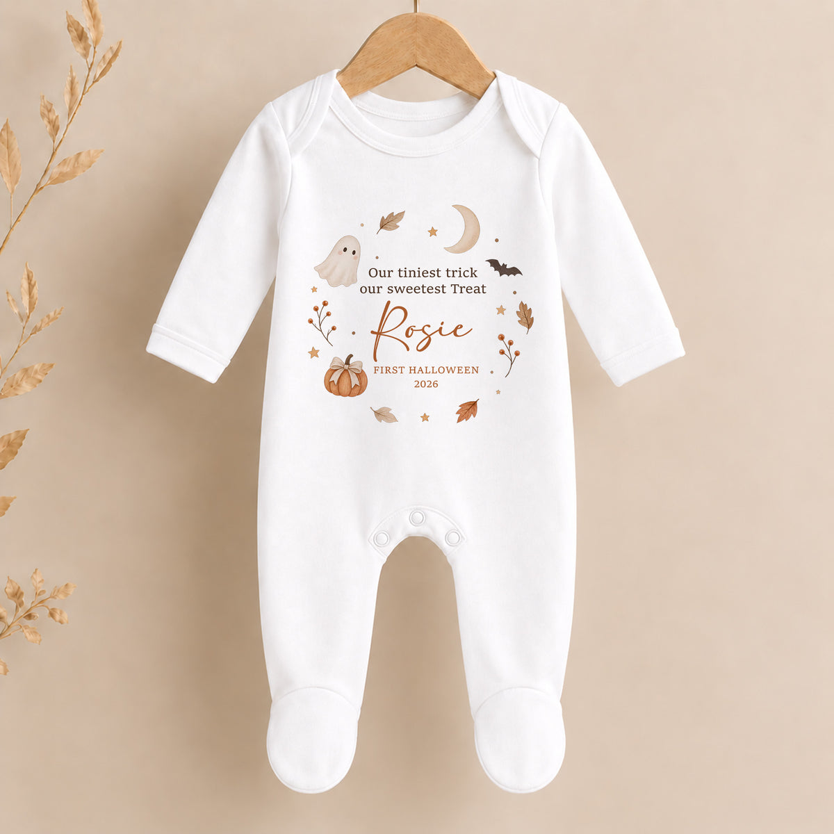 Personalised First Halloween baby grow with tiniest trick sweetest treat name design
