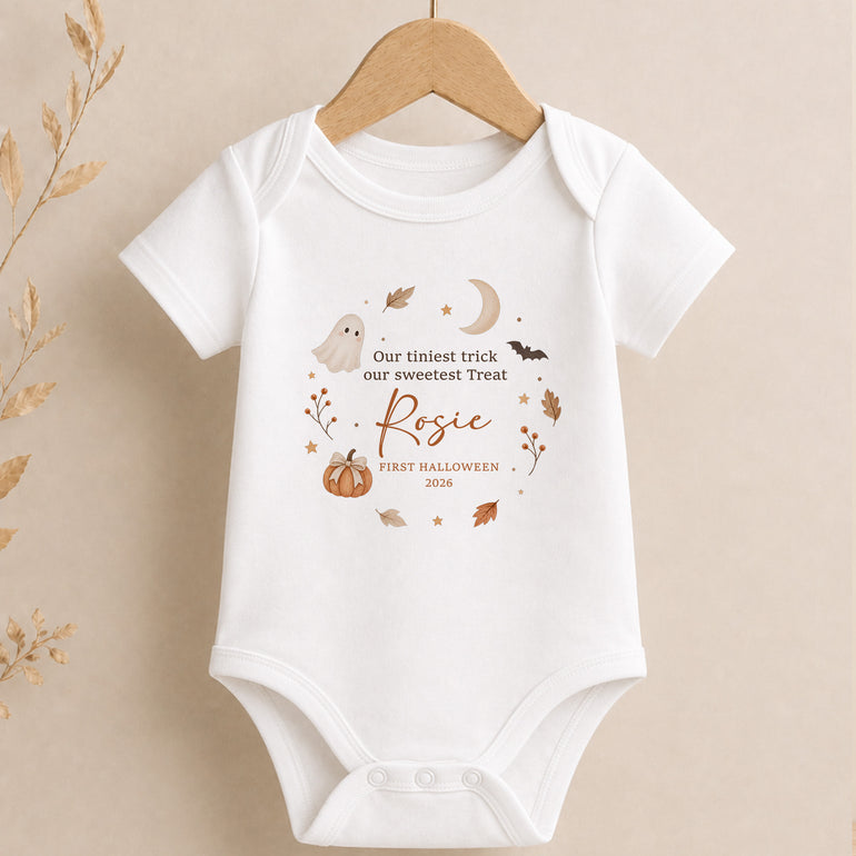 Personalised Halloween baby vest with name year ghost pumpkin and autumn design