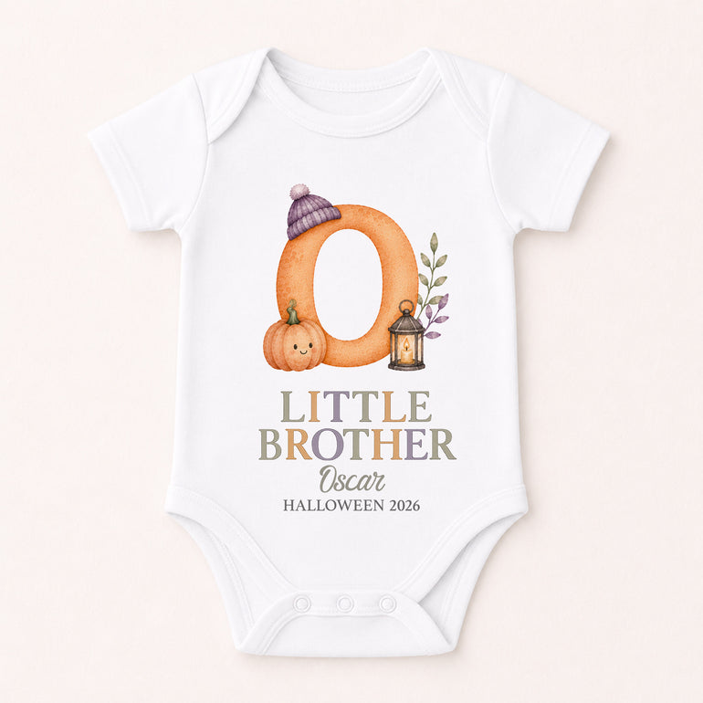 Personalised Little Brother Halloween baby vest with an illustrated letter O, pumpkin, lantern, the name Oscar and Halloween 2026.