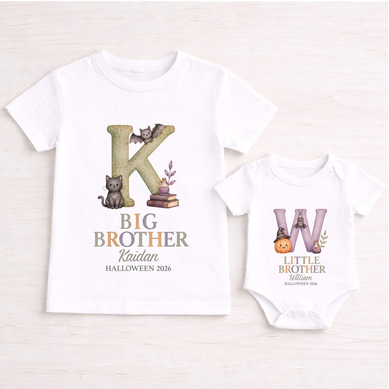 Personalised Big Brother and Little Brother matching Halloween clothing with initial T-shirt and baby vest, names and Halloween year.