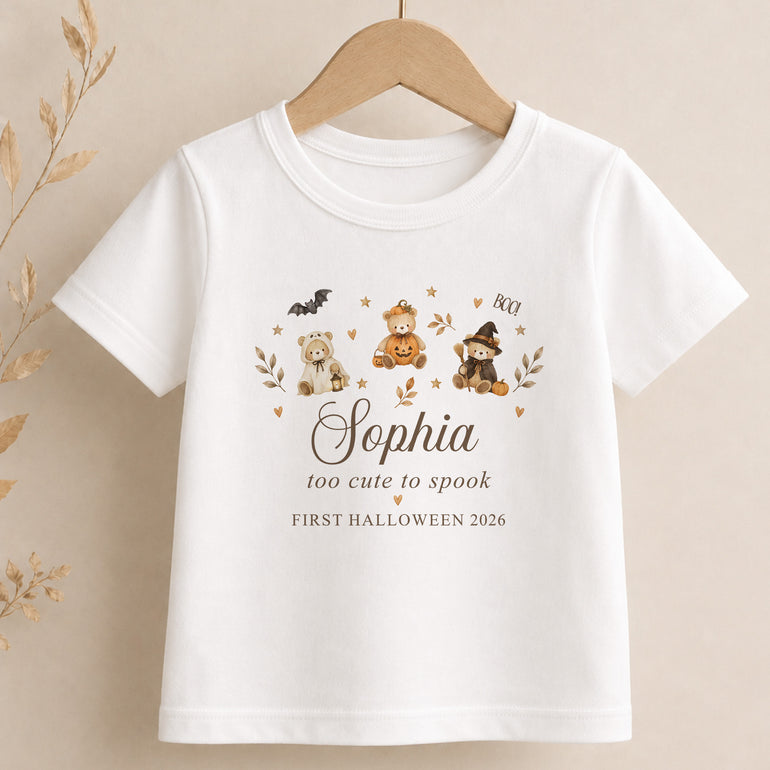 Personalised Too Cute to Spook Halloween kids T-shirt with name and chosen year