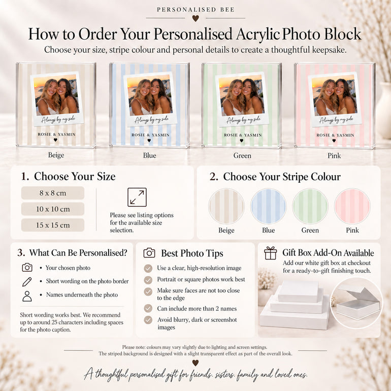 Personalised acrylic photo block how to order infographic showing square block sizes, stripe colour choices, photo tips and optional gift box.