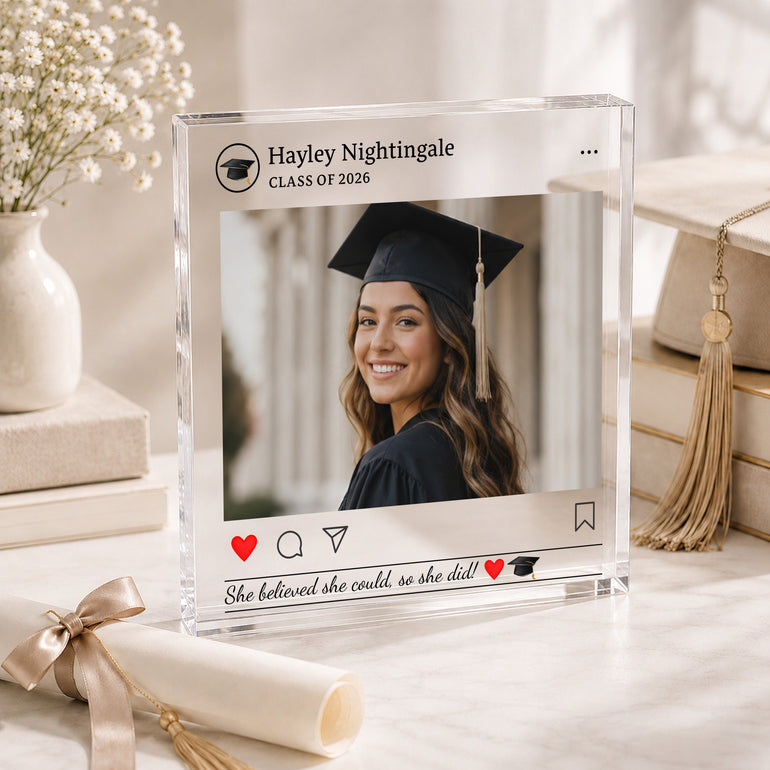 Personalised graduation photo block gift for friend with social photo post style design, name and Class of 2026