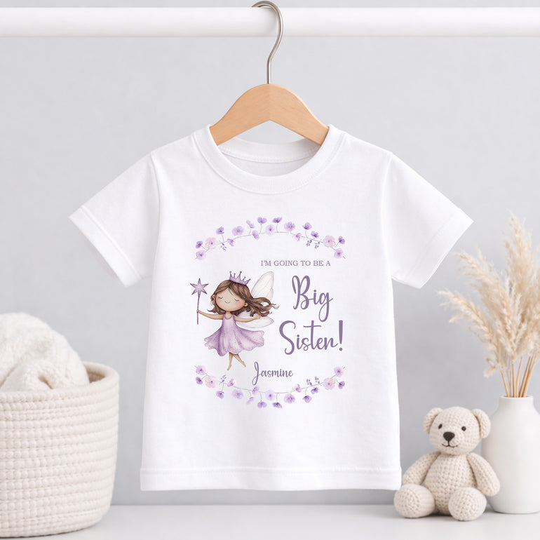 Personalised big sister children’s T-shirt with lavender fairy and floral wreath design for a pregnancy reveal.