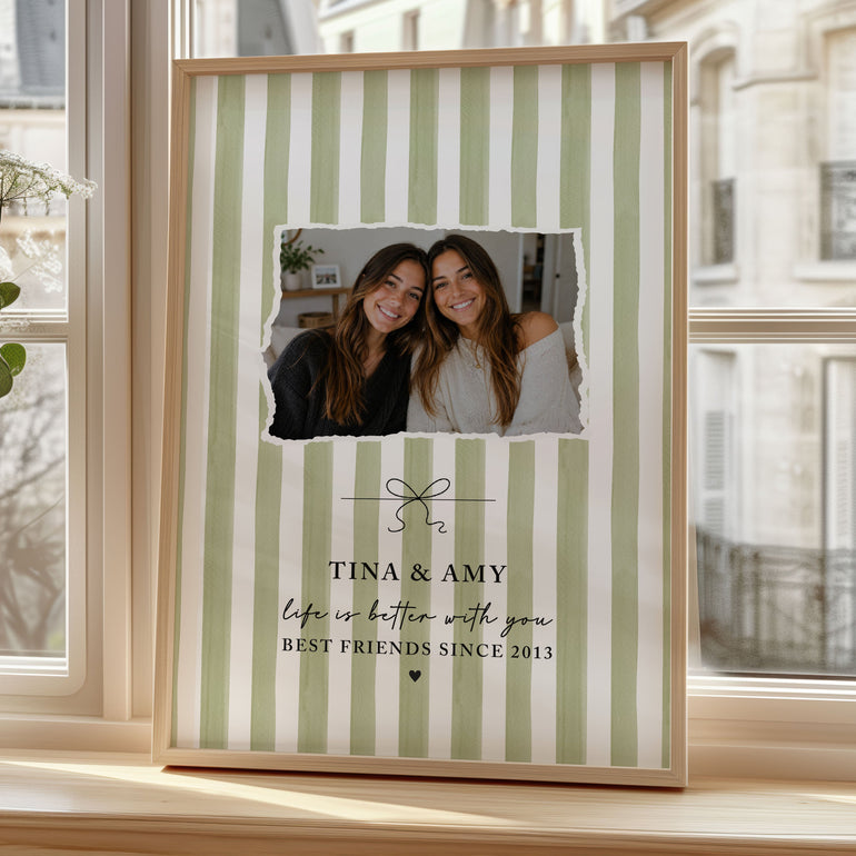 Personalised best friend photo print with green striped background, friendship photograph, names and best friends since year.