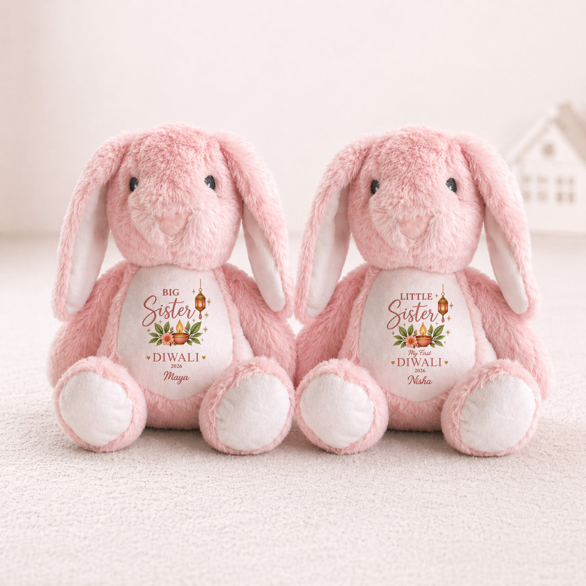 Matching personalised Big Sister and Little Sister Diwali bunny teddy gifts
