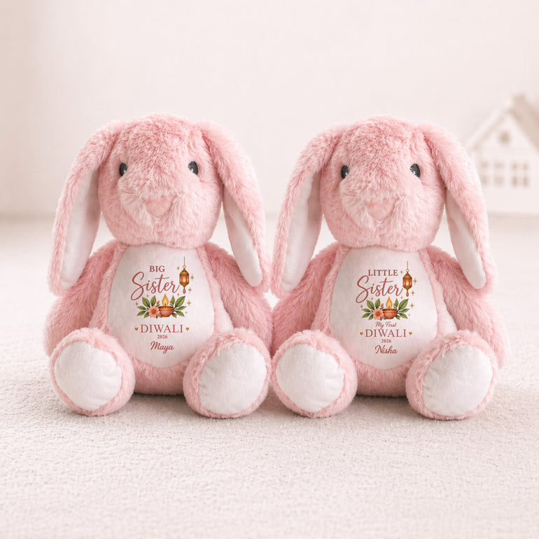 Matching personalised Big Sister and Little Sister Diwali bunny teddy gifts