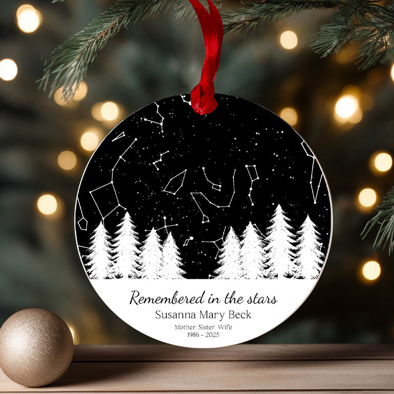 Personalised “Remembered in the Stars” acrylic bauble with custom star map and tree design – remembrance Christmas ornament for loss of loved one.