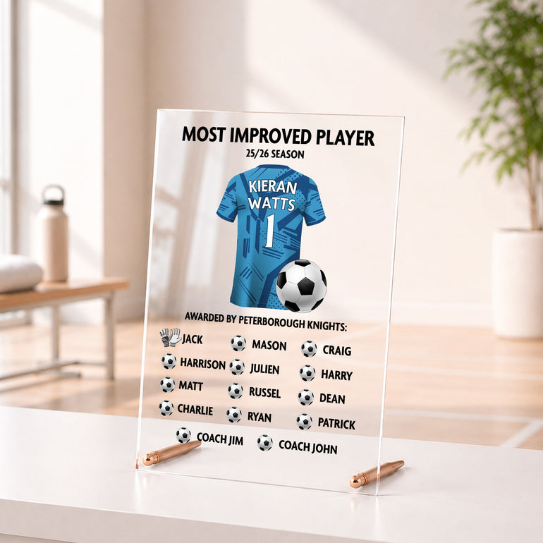 Personalised Most Improved Player acrylic football award with player name, shirt design and team names.