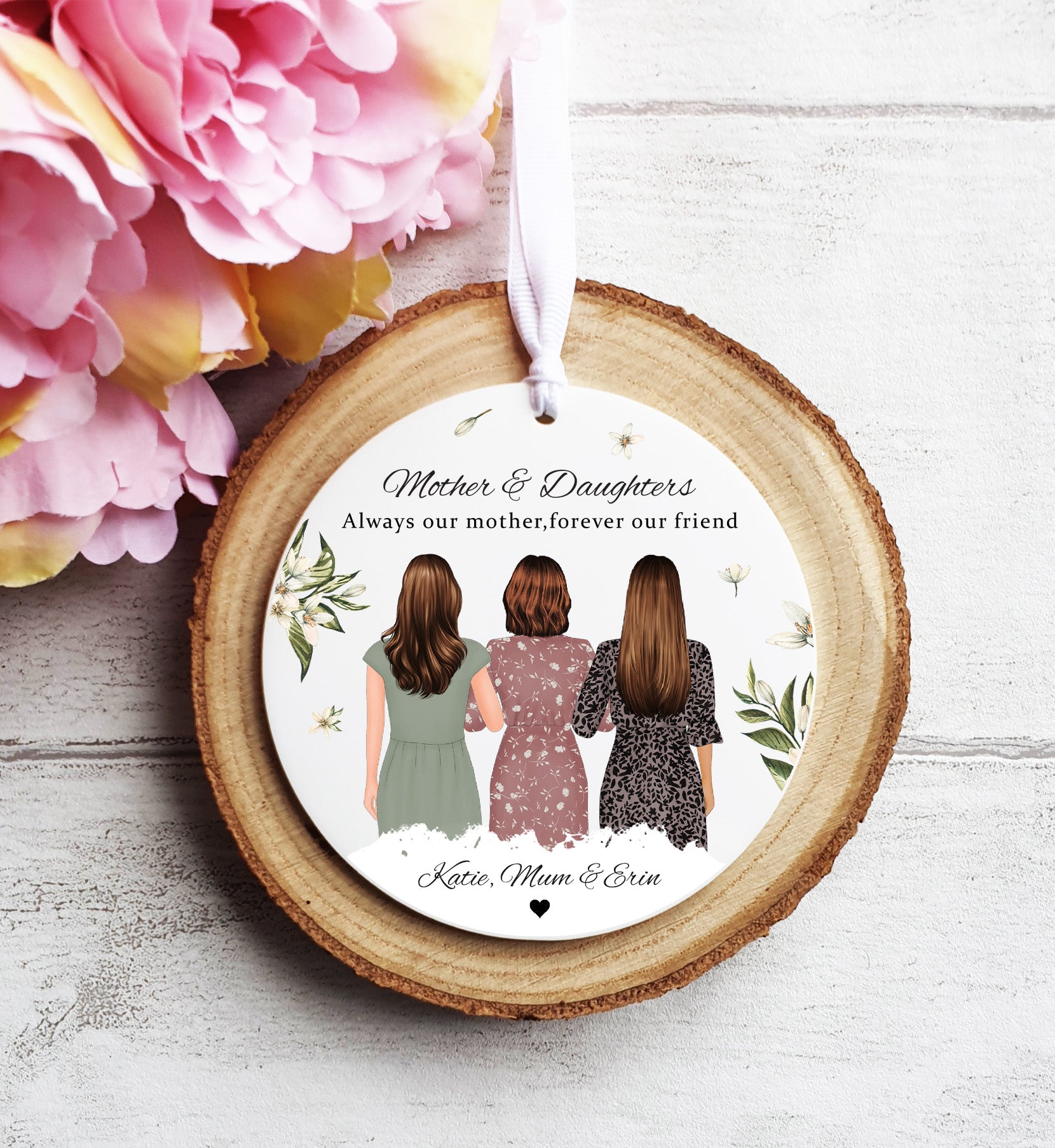 Gift for Mum from Daughters, Floral Design - Personalised Hanging Ornament
