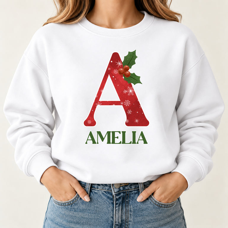 Snowflake Christmas jumper with red snowflake initial, holly and name, alternative view