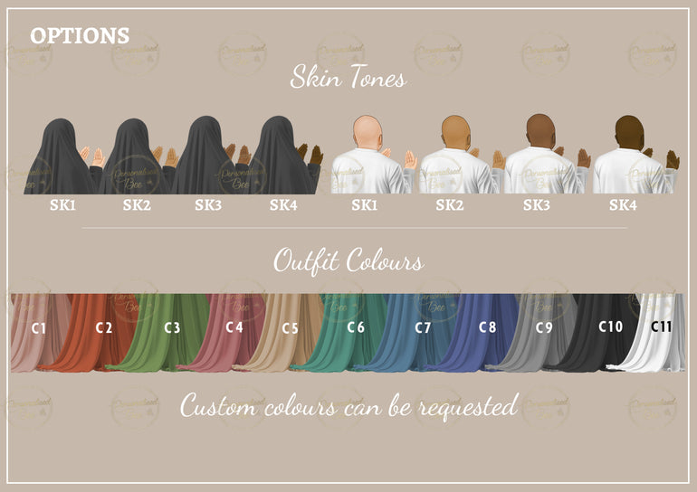 Personalisation options for Umrah Mubarak couple acrylic plaque showing skin tones and outfit colours