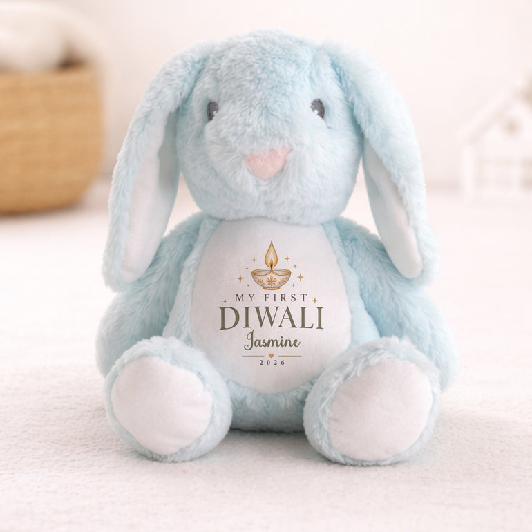 Blue personalised My First Diwali bunny teddy with diya name and year design