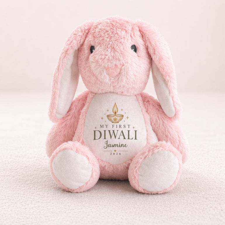 Pink personalised My First Diwali bunny with name chosen year and diya design