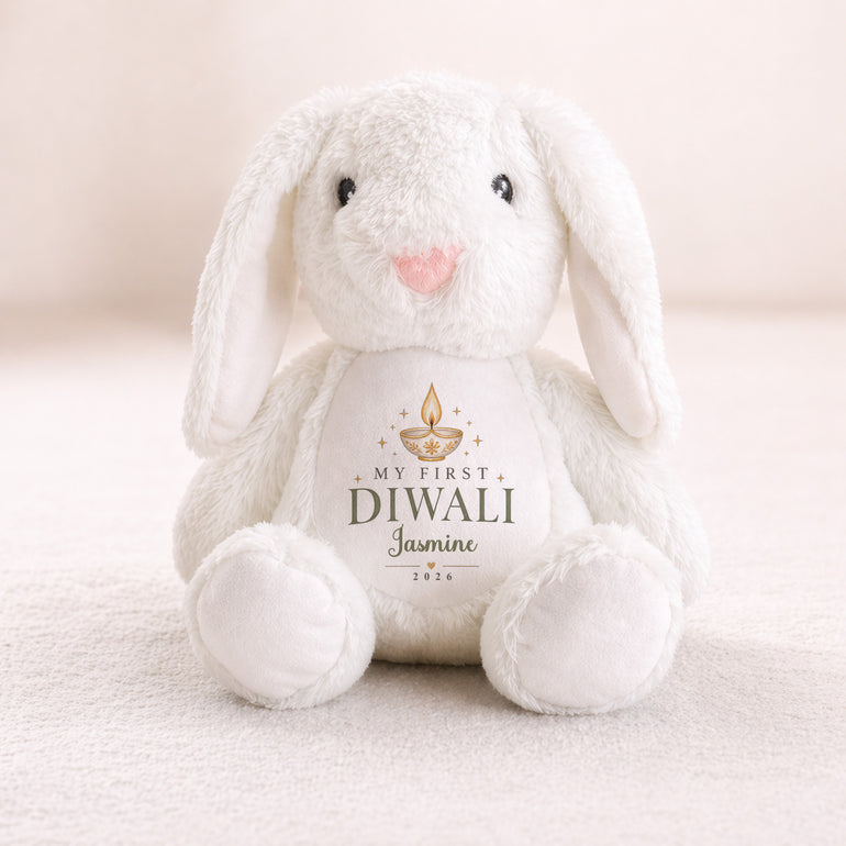 White personalised first Diwali bunny teddy with gold diya name and year