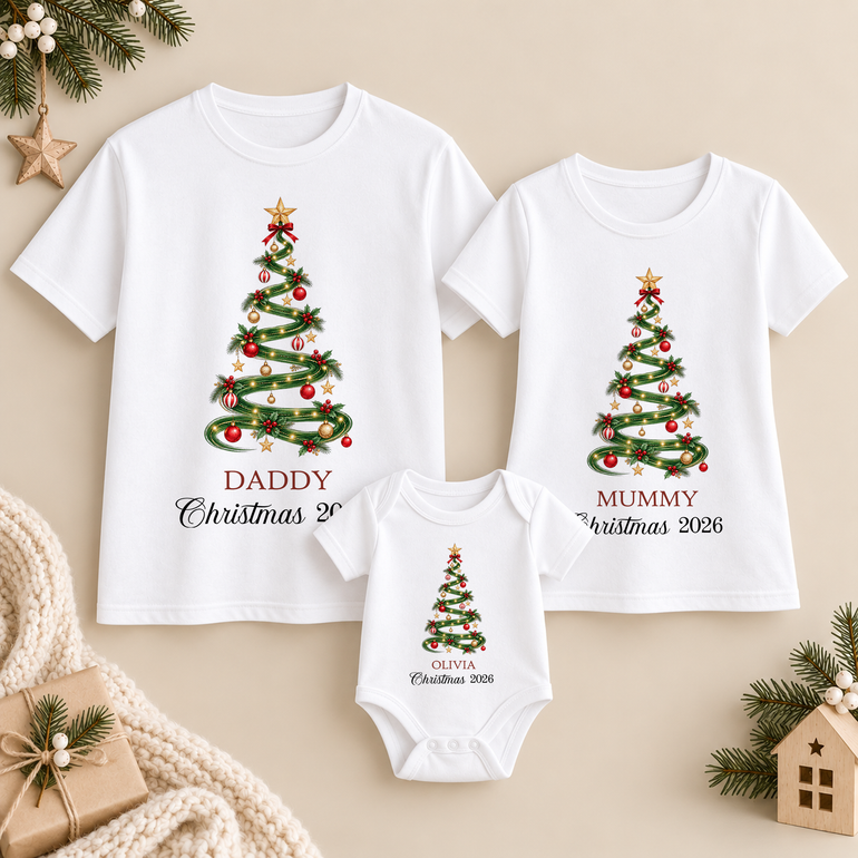 Matching Mummy Daddy and baby Christmas clothing with personalised festive tree design, family roles, name and custom year