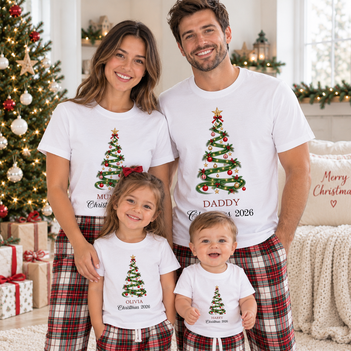 Family wearing matching personalised Christmas clothing with festive tree design, Mummy and Daddy roles, children's names and custom year