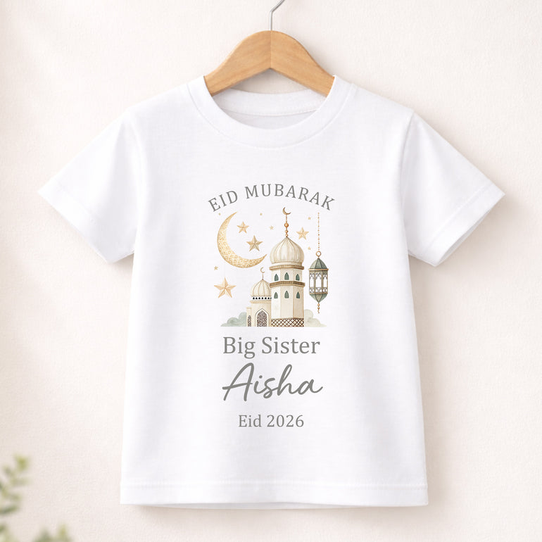 Big Sister Eid Mubarak kids T-shirt personalised with name and Eid year