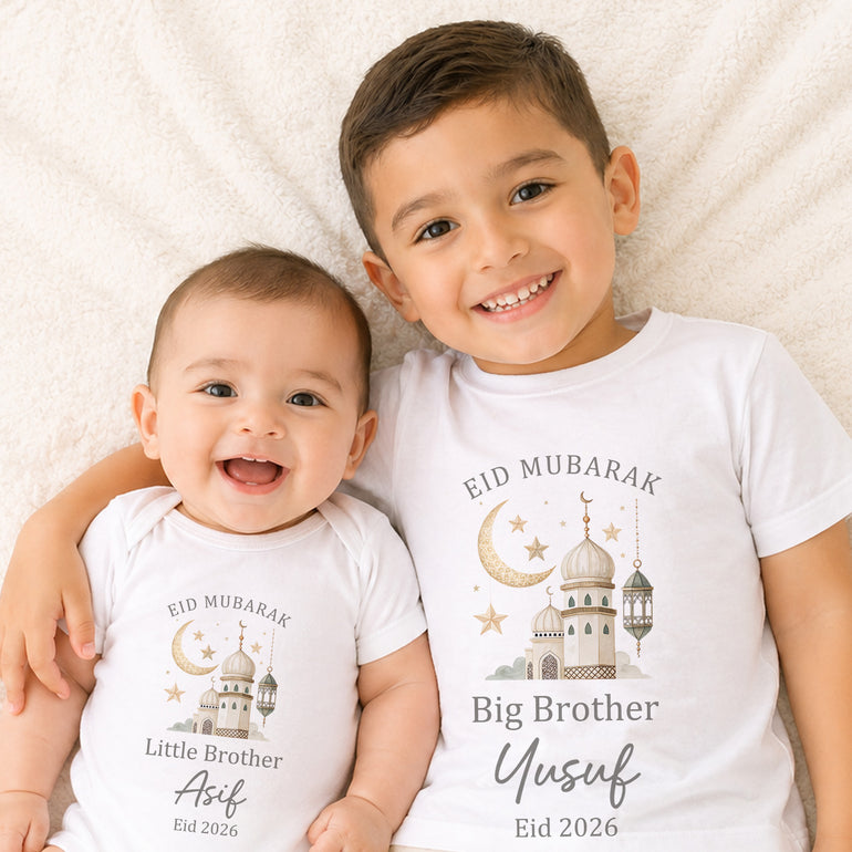 Personalised matching Eid Mubarak sibling outfits with Big Brother and Little Brother wording