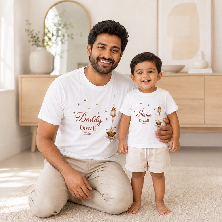 Personalised matching Daddy and child Diwali T-shirts with name and chosen year