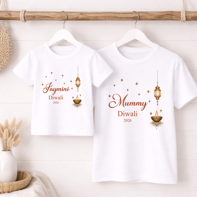 Matching personalised Mummy and daughter Diwali T-shirts with lantern and diya design