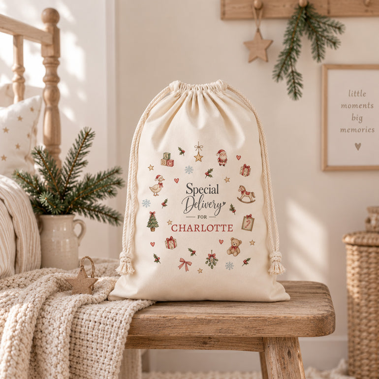 Personalised Special Delivery Christmas sack with child’s name, Santa, rocking horse, teddy and festive motif design.