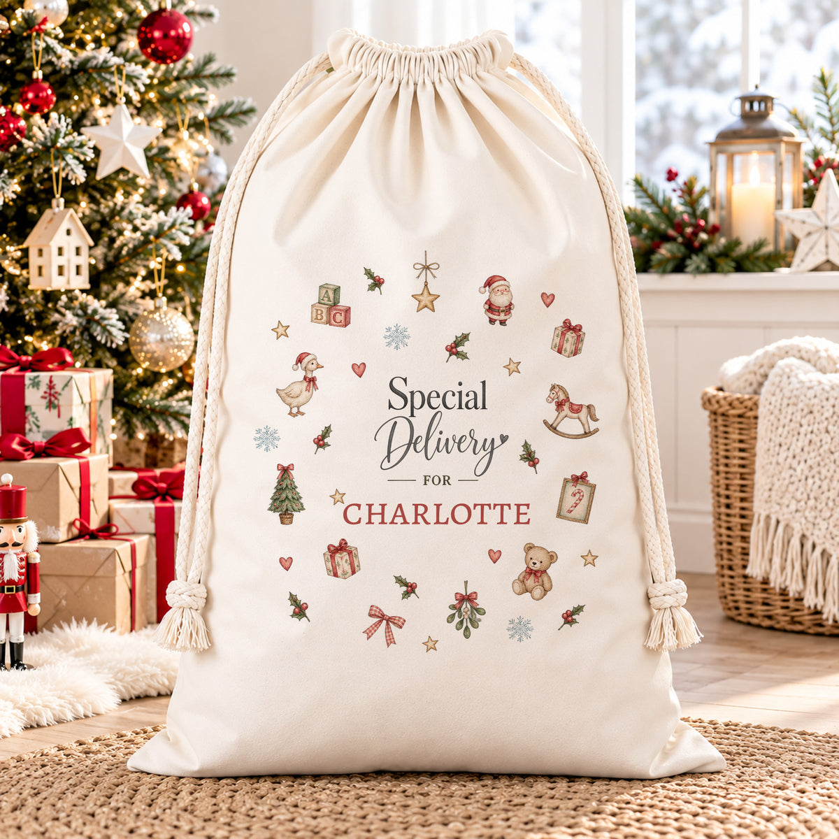 Personalised Christmas sack with Special Delivery For Charlotte design and scattered miniature festive illustrations.