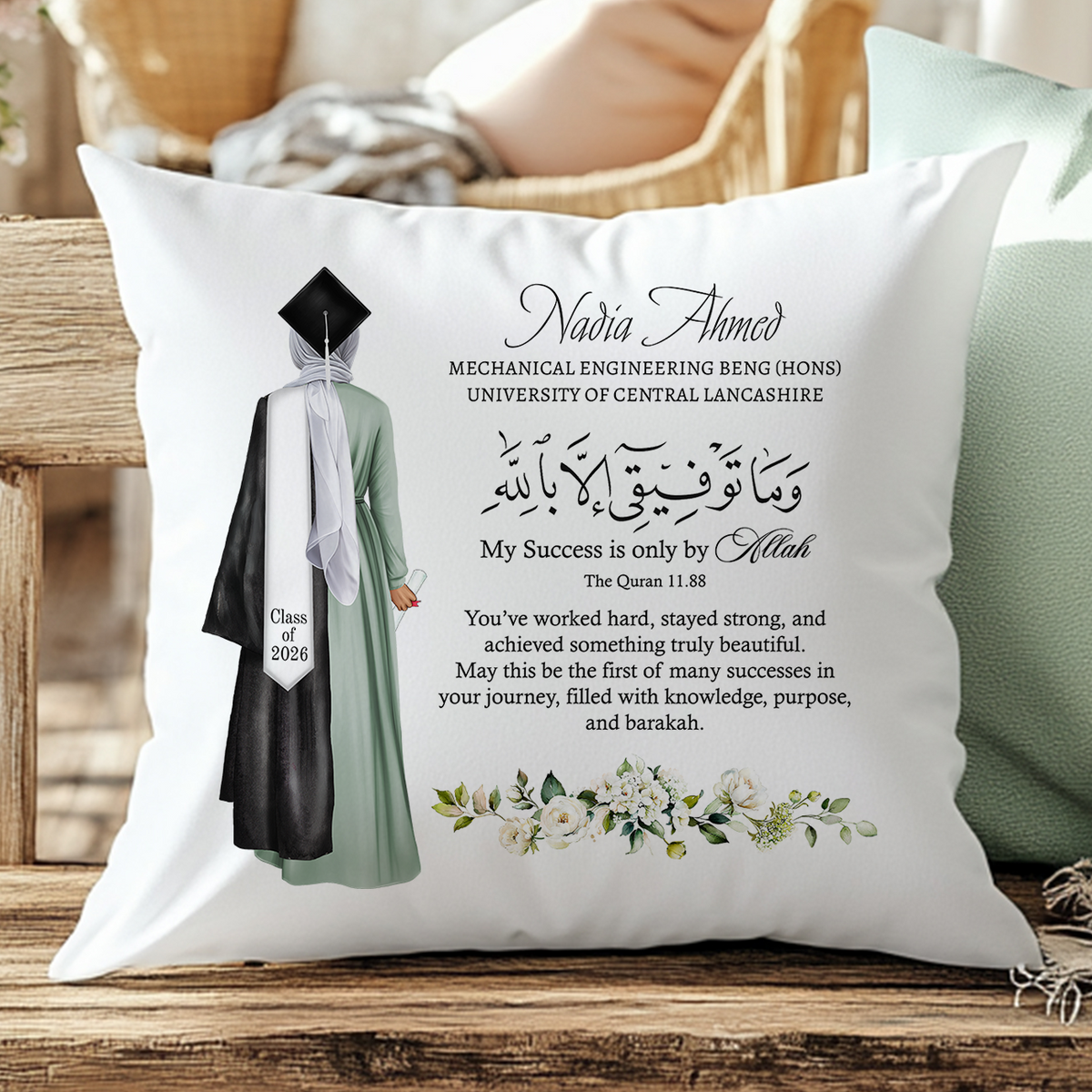 Personalised Muslim female graduation cushion with hijab graduate illustration, name, degree, university and Islamic quote