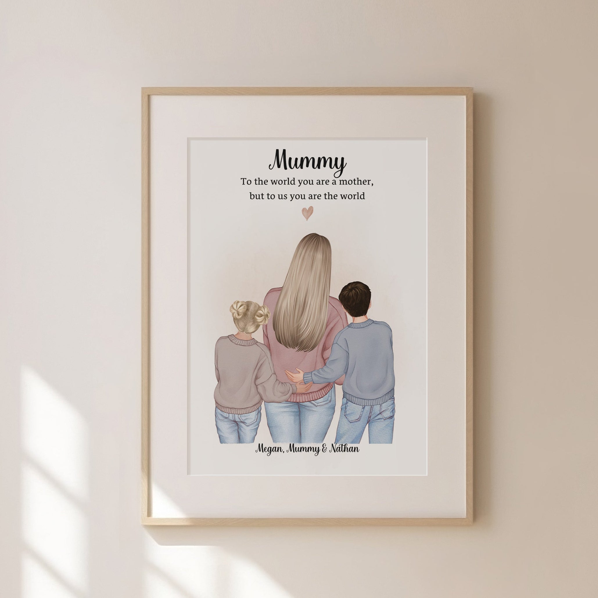 Personalised mummy and children print – two children and mother illustration, sentimental wall art, custom family portrait gift for birthdays, Mother’s Day or Christmas.