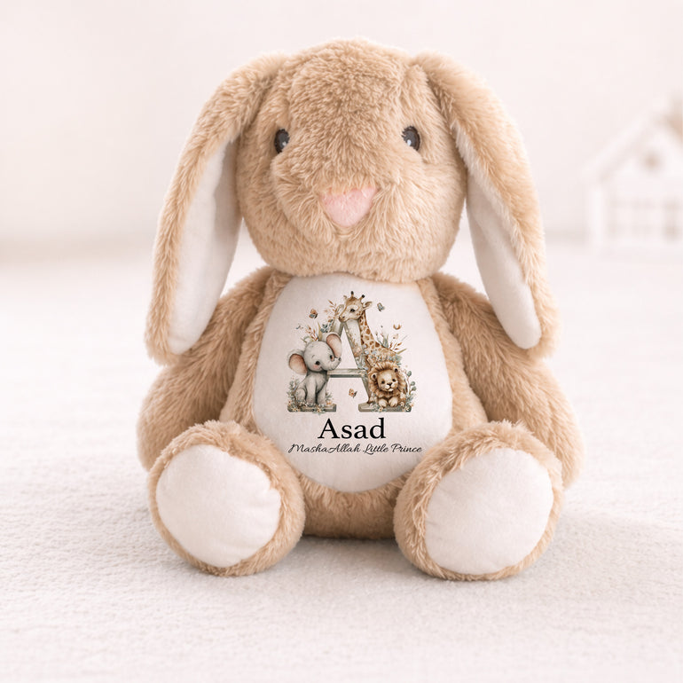 Islamic baby gift bunny personalised with baby name and safari animal initial