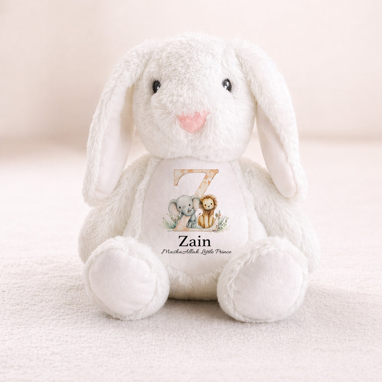 Personalised baby boy bunny gift in WHITE with name and MashaAllah wording