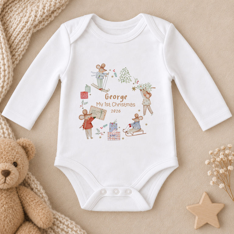 Personalised long-sleeve First Christmas baby vest with festive mice design, child’s name and chosen year