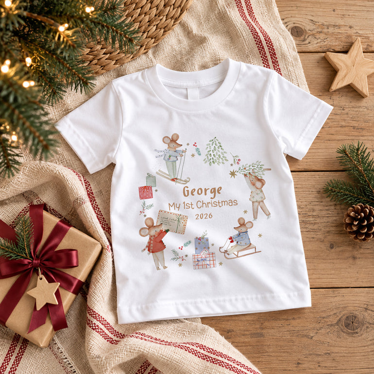 Personalised First Christmas children’s T-shirt with festive mice, presents, child’s name and chosen Christmas year