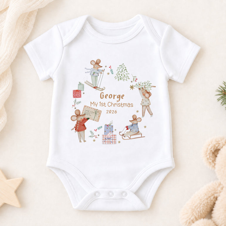 Personalised short-sleeve First Christmas baby vest with Christmas mice, child’s name and custom year