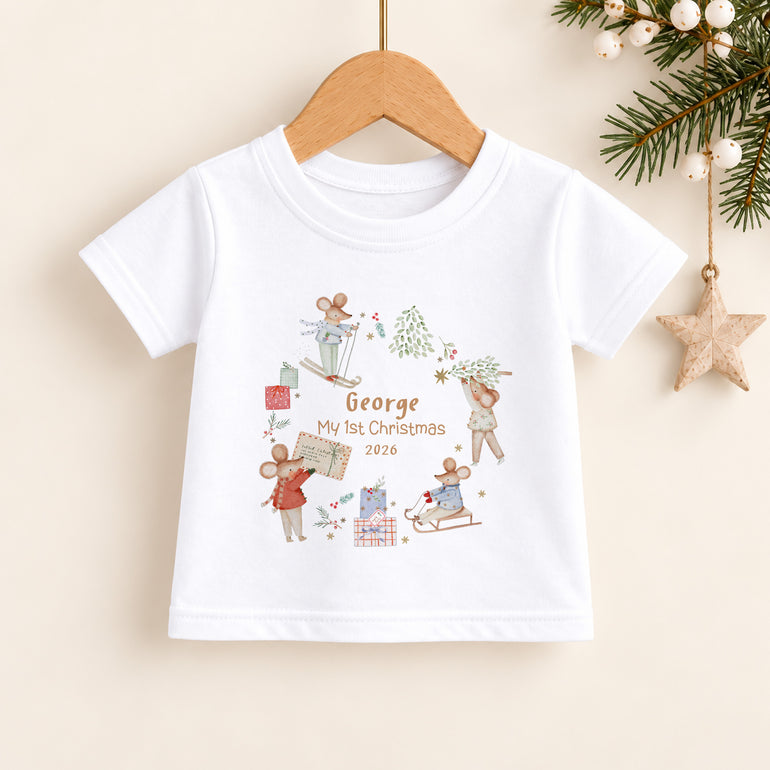 Personalised Festive Mice First Christmas T-shirt with child’s name, Christmas year and My 1st Christmas wording